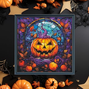 May include: A stained glass style illustration of a jack-o'-lantern with a purple, blue, and green background. The jack-o'-lantern is surrounded by vines and leaves.