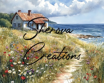 Cottage Watercolor Clipart Bundle: Floral Landscape Art (JPG)