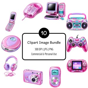 Könnte beinhalten: Eine Sammlung von zehn rosa elektronischen Geräten, darunter ein Klapphandy, eine Computermaus, ein Desktop-Computer, ein Ghettoblaster, ein CD-Player, ein Gamecontroller, Kopfhörer, eine Digitalkamera, eine Handheld-Konsole und ein MP3-Player mit dem Text 10 Clipart Image Bundle.