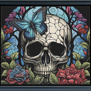 May include: A white skull with a blue butterfly on its forehead, surrounded by colorful flowers and vines. The skull is set against a stained glass background with a blue and green color scheme.