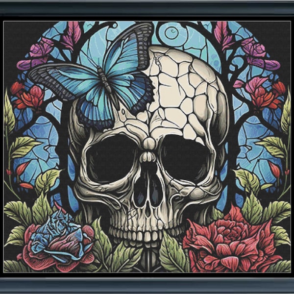 Stained Glass Skull Cross Stitch Pattern | 3 Sizes | Full Coverage | Skull | Stained Glass | Fantasy | Colourful | Butterfly | #350