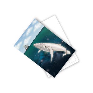 Postcards, Albino Blue Whale Rising to Surface of Ocean Galaxy, Vintage Sailing Ship, Blue Sky Clouds, Set of 10 Cards, Stationery, Art,