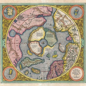 デジタル | メルカトル・ホンディウス北極地図 (1606) | ヴィンテージの古い世界地図 | ヒュペルボレア | メルー山 | 北極 | 地図作成 | 陰謀