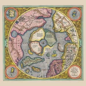Poster | Mercator Hondius-kaart van het noordpoolgebied (1606) | Vintage oude wereldkaart | Hyperborea | Mt Meru | Noordpool | Cartografie | Samenzwering: