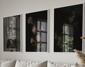 Dark Botanical Print Set, Vintage Moody Floral Art (Digital Download)