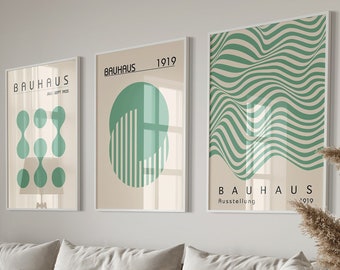 Green Bauhaus Set of 3 Poster Print, Minimalist Retro Wall Art, Bauhaus Exhibition Poster, Modern Mid Century Printable Art,Digital Download