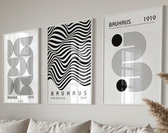 Set di poster Bauhaus di 3, arte geometrica della parete retrò, stampa della mostra Bauhaus in bianco e nero, arte stampabile moderna della metà del secolo, download digitale