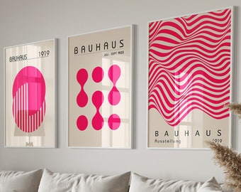Rosa Bauhaus 3er Set Poster Print, minimalistische Retro Wandkunst, Bauhaus Ausstellung Poster, moderne Mid Century druckbare Kunst, digitaler Download