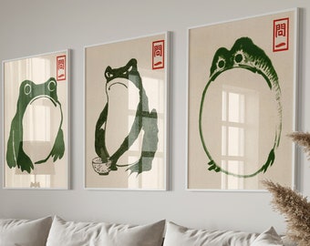 Japonés Matsumoto Hoji Frog Set de 3, Cartel vintage de xilografía de rana, Impresión de rana Ukiyo-e, Arte de pared imprimible de rana japonesa, Descarga digital