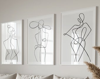 Woman Line Art Drawing Print Set of 3, Artful Line Art Print, Female Body Lineart Poster, Minimalist Line Wallart Set, Modern Body Line Art