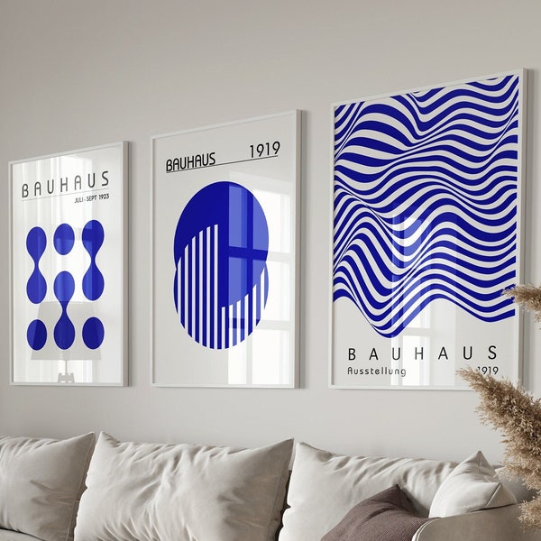 Blue Bauhaus Set of 3 Poster Print, Minimalist Retro Wall Art, Bauhaus Exhibition Poster, Modern Mid Century Printable Art, Digital Download