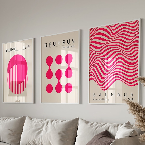 Rosa Bauhaus 3er Set Poster Print, minimalistische Retro Wandkunst, Bauhaus Ausstellung Poster, moderne Mid Century druckbare Kunst, digitaler Download