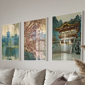 Japanese Shrine Woodblock Set of 3 Prints, Japanese Temple Exhibition Poster, Ukiyo-e, Japanese Cherry Blossom Art Print,Japanese Home Decor