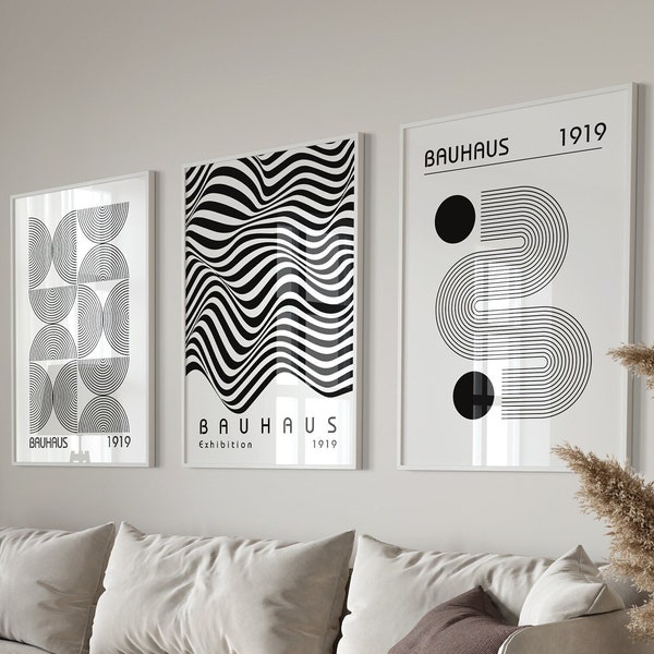 Bauhaus Poster 3er-Set, Geometrisch Retro Wandkunst, schwarz weiß Bauhaus Ausstellung Print, moderne Mid Century druckbare Kunst, digitaler Download
