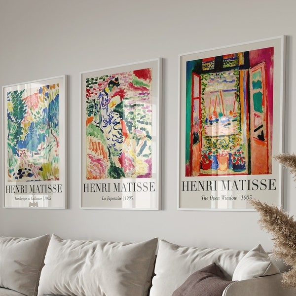 Set di 3 stampe digitali Henri Matisse, Poster della mostra stampabile, Set di arte da parete della Galleria Matisse vintage, Poster di Matisse, Download digitale