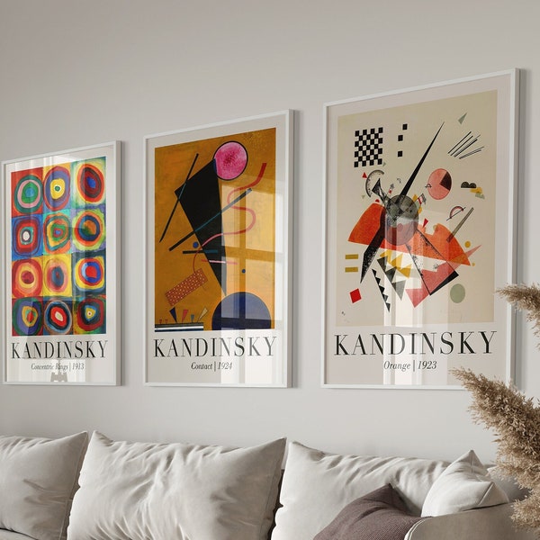 Wassily Kandinsky Set di 3 stampe, Poster vintage della mostra Kandinsky, Arte murale astratta di metà secolo, Arredamento d'arte Bauhaus, Download digitale