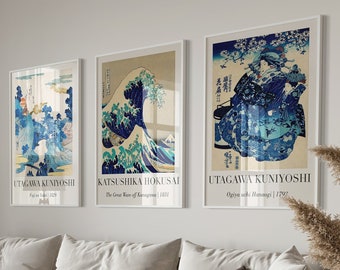 Japanese Woodblock Print Set, Ukiyo-e Exhibition Posters, Wabi Sabi Decor (Digital Download)