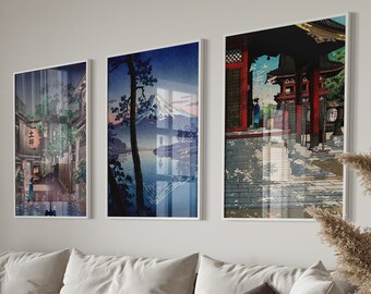 ヴィンテージ風日本風景プリントウォールアート、浮世絵神社プリント、デジタルダウンロード