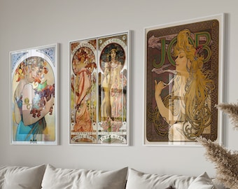 Alphonse Mucha Art Nouveau Poster Set, Vintage Woman Portrait (Digital Download)
