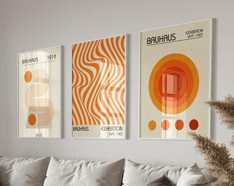 Impresión de arte Bauhaus naranja, arte de pared retro minimalista, conjunto de carteles de exposición Bauhaus, arte IMPRIMIBLE de mediados de siglo, arte mural geométrico moderno