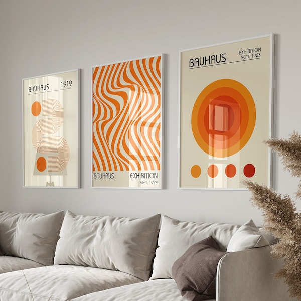 Orange Bauhaus Art Print, Minimalistische Retro Wandkunst, Bauhaus Ausstellung Poster Set, Mid Century DRUCKBARE Kunst, moderne geometrische Wandkunst