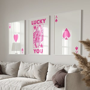Art mural rose à la mode, impression de cartes à jouer rétro, impression de 3 cartes à jouer, affiche esthétique de la reine de coeur, décoration bohème, téléchargement numérique