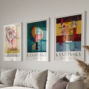 Wassily Kandinsky Printable Wall Art Set of 3, Vintage Geometric Kandinsky Exhibition Poster, Abstract Mid Century Print, Bauhaus Wall Decor