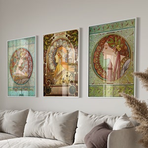 Alphonse Mucha Print 3er Set, Vintage Mucha Galerie Wandkunst, Jugendstil Wanddekor, Weibliches Porträt Ausstellungsplakat, Digitaler Download