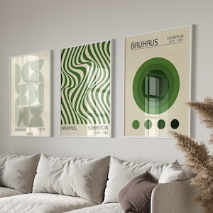Kunstvolle grüne Bauhaus Wandkunst, minimalistischer Retro-Druck, Bauhaus Ausstellung Poster Set, DRUCKBARE Kunst Mid Century, moderne geometrische Wanddekoration