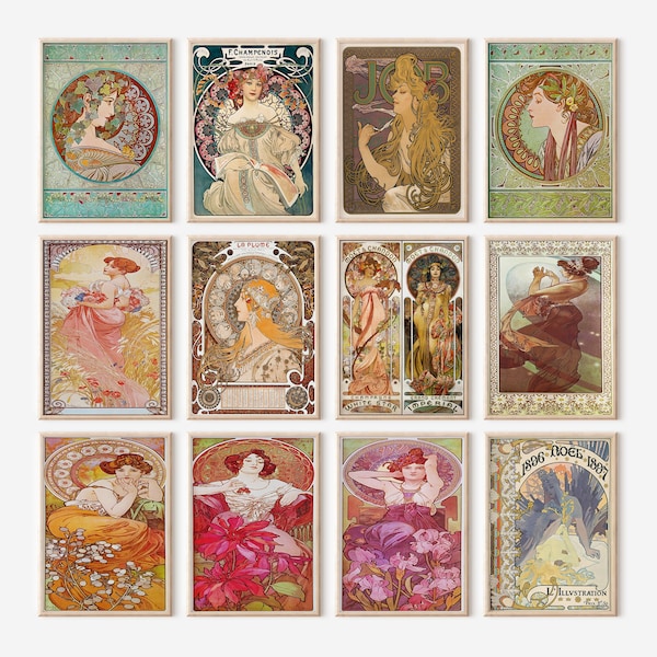 Artful Alphonse Mucha druckbare Wandkunst Set von 12, Vintage Mucha Galeriedruck, Jugendstil Ausstellungsplakat, Wanddekor, digitaler Download