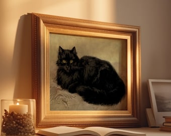 Black Cat Printable Wall Art, Moody Dark Academia Print, Rustic Feline Poster, Vintage Dark Oil Painting, Halloween Decor, Digital Download