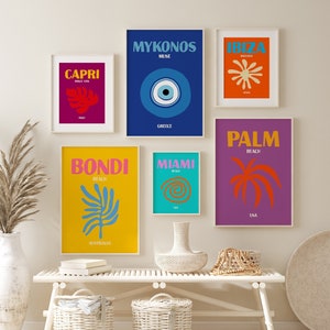 Trendy Travel Printable Wall Art Set of 6, Colorful Boho Poster, Preppy Gallery Decor, Ibiza, Bondi, Miami Beach Print, Digital Download