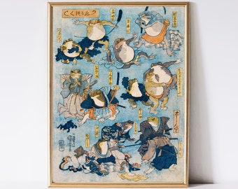 Japanese Samurai Frog Ukiyo-e Print, Vintage Japan Wall Decor (Digital Download)