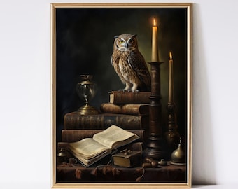 Dark Academia Owl Printable Wall Art, Rustic Bird Print, Vintage Library Oil Painting Poster, Moody Halloween Wall Decor, Digital Download