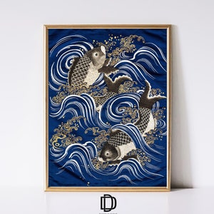 Japanese Fish Printable Wall Art, Vintage Carp Poster, Antique Ukiyo-e Woodblock Print, Wabi Sabi Painting, Farmhouse Decor,Digital Download
