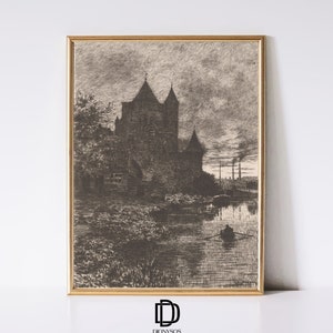 Moody Dark Academia Landscape Printable Wall Art, Gothic Sepia Tone Print, Vintage Halloween Poster, Rustic Wall Decor, Digital Download