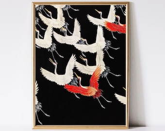 Vintage Japanischer Kranich Kunstdruck, Ukiyo-e Holzschnitt, Fliegende Vögel Poster (Digitaler Download)