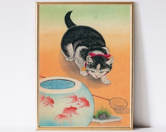 Vintage Japanese Cat Print, Neko Ukiyo-e Woodblock Art, (Digital Download)