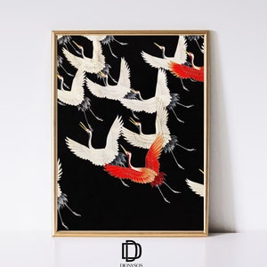 Arte mural imprimible de grulla japonesa vintage, grabado en madera ukiyo-e antiguo, póster de pájaros voladores ingeniosos, decoración de granja, descarga digital