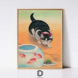 Arte de parede para impressão de gato japonês, arte em xilogravura japonesa vintage de Neko Ukiyo-e, pôster de gato Ohara Koson, decoração de parede de fazenda, download digital