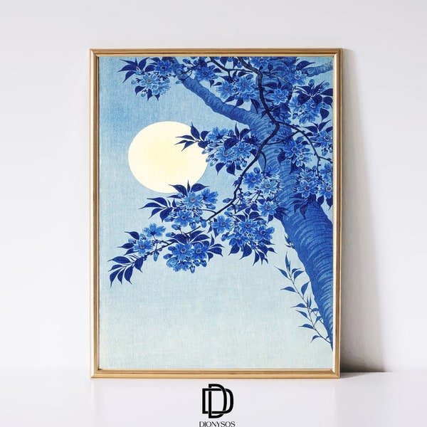 Japanese Cherry Blossom Print, Artful Sakura Tree Wallart, Blue Japanese Cherryblossom Art, Ukiyo-e, Japanese Wall Decor, Digital Download