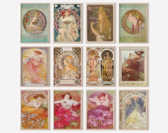 Alphonse Mucha Gallery Wall Art Set, Vintage Woman Portrait (Digital Download)