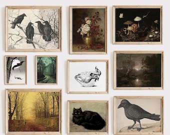 Dark Academia Printable Wall Art Set of 10, Vintage Halloween Print, Dark Moody Gallery Poster, Rustic Gothic Wall Decor, Digital Download