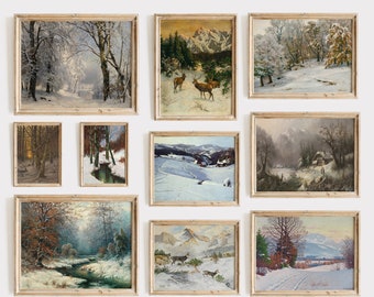 Rustic Winter Gallery Art Print Set of 10, Vintage Snowy Poster, Artful Winter Printable Wall Art, Christmas Painting Wall Art Decoration