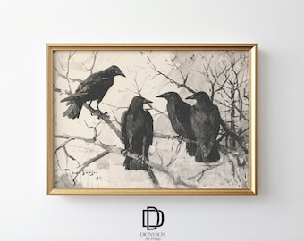 Dark Moody Crow Printable Wall Art, Vintage Raven Print, Dark Academia Poster, Antique Painting, Gothic Cottagecore Decor, Digital Download