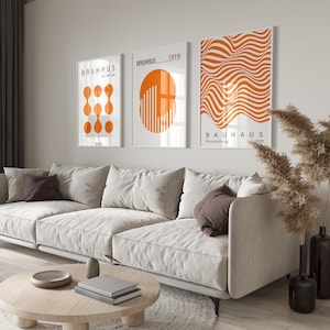 Set di 3 stampe da parete Bauhaus arancioni, stampa retrò minimalista, poster della mostra Bauhaus, arredamento moderno di metà secolo, download digitale