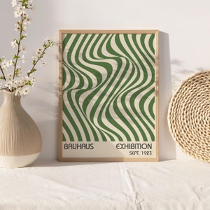 Green Bauhaus Printable Wall Art, Minimalist Retro Lines Print, Bauhaus Exhibition Poster, Modern Mid Century Wall Decor, Digital Download