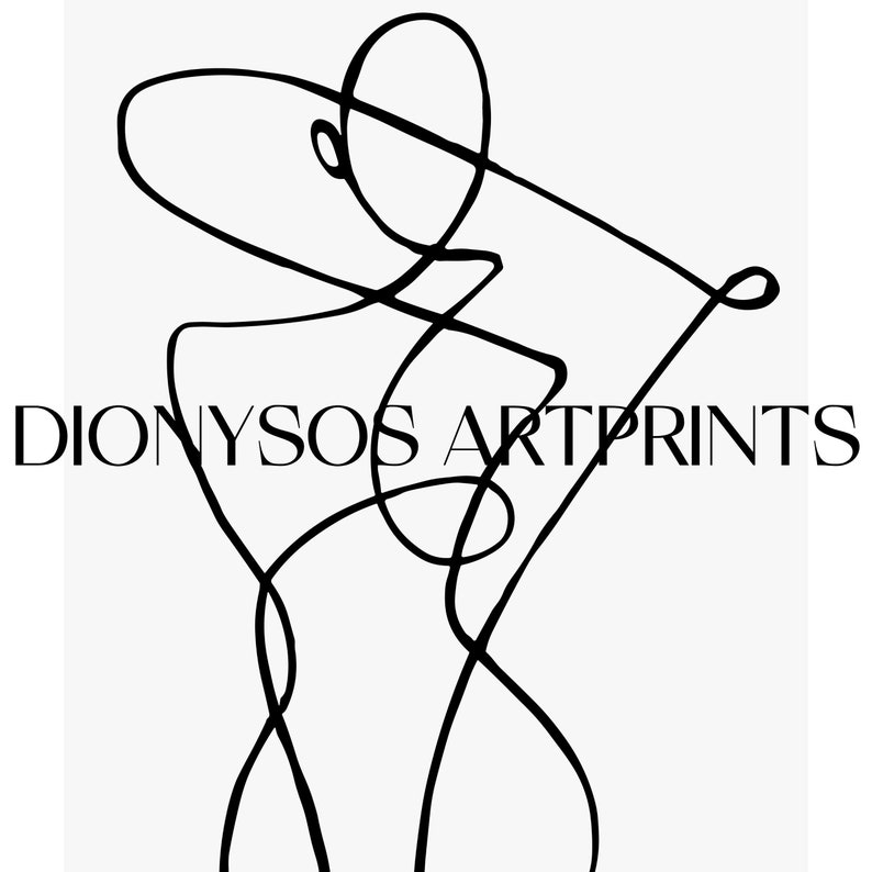 K&ouml;nnte beinhalten: Eine Schwarz-Wei&szlig;-Linienzeichnung eines menschlichen K&ouml;rpers mit dem Text "DIONYSOS ARTPRINTS" unterhalb der Figur.