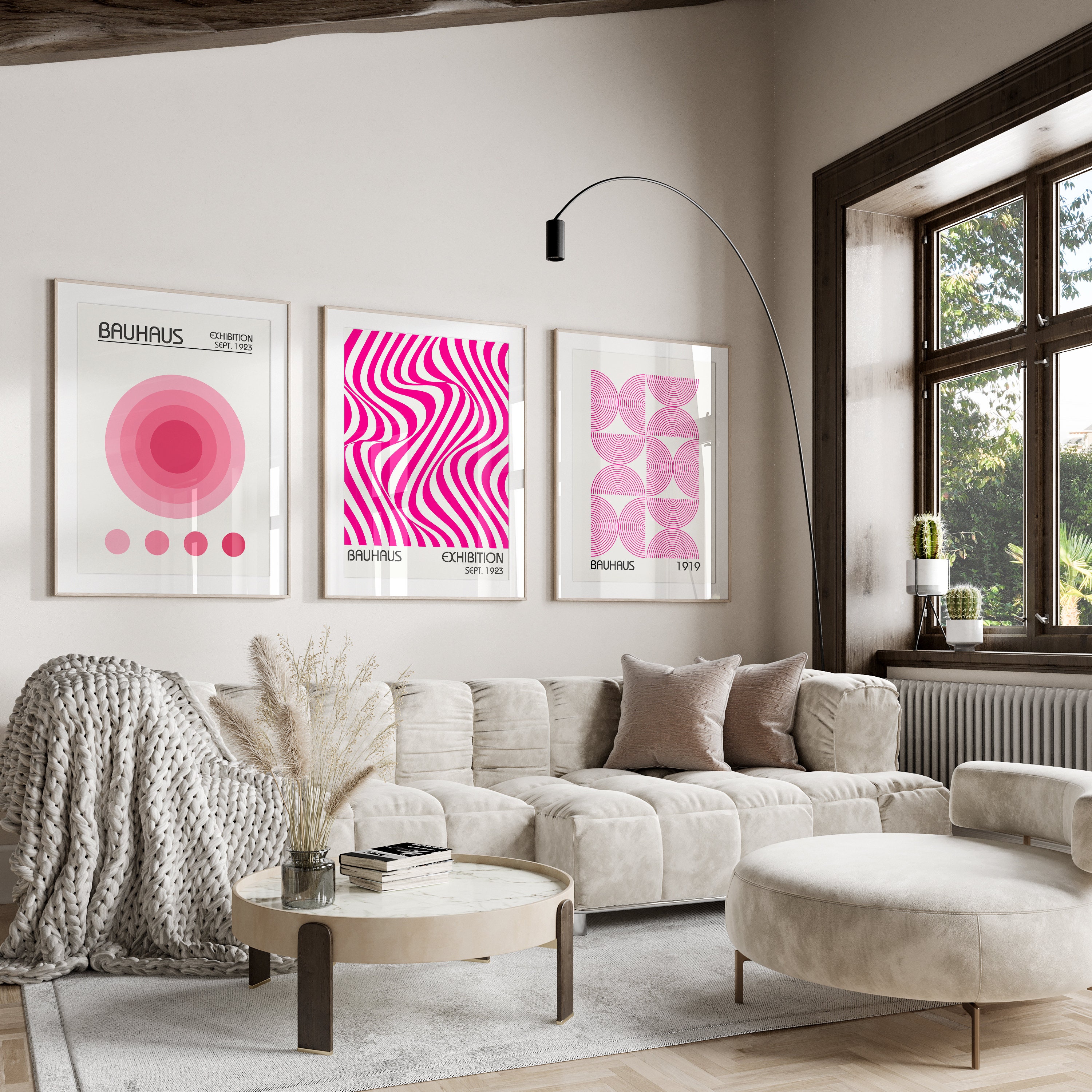 Pink Bauhaus Art Prints, Minimalist Geometric Set of 3 (digital ...