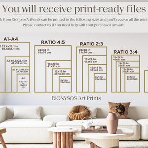 May include: A chart showing different print sizes for artwork, with measurements in inches and centimeters. The chart is labeled with different aspect ratios, including 4:5, 2:3, and 3:4. The chart is titled "You will receive print-ready files".